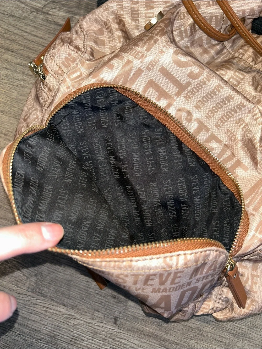 Steve Madden Logo Print Mini Backpack Tan Brown Nylon Drawstring Bag